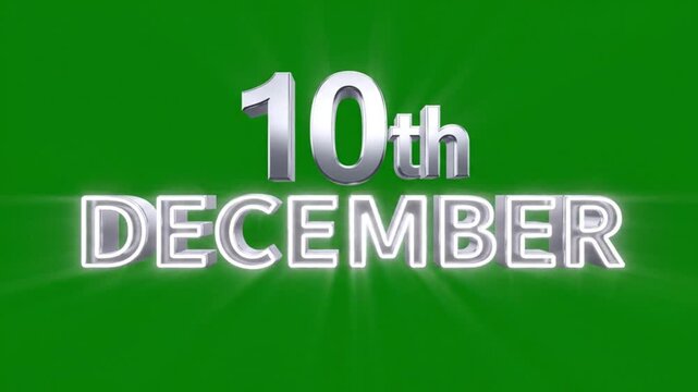 Shining silver text on green background reading 10th December