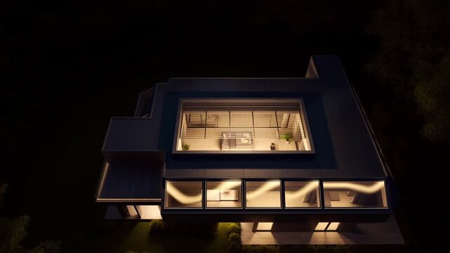 Ultra-Detailed Aerial View of Modern Home &ndash; Wave-Pattern Lighting with Rich Golden Glow, Soft Halos and Bloom Effects
