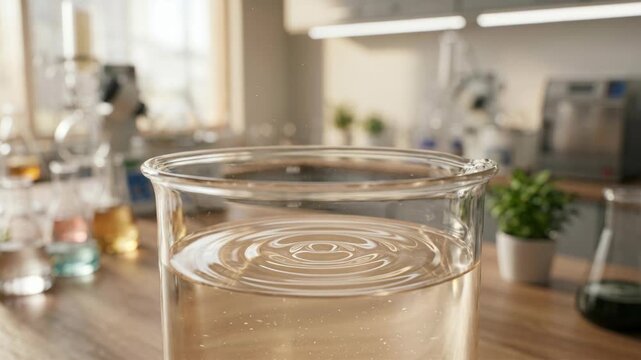 Eco glass beaker water ripple laboratory solvent chemistry ecofriendly green chemistry glassware serene workspace with plant and sunlight