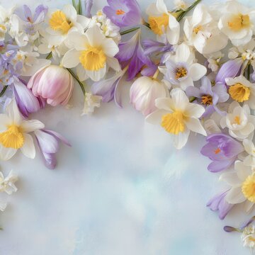 Colorful flowers arranged on a light background with purple, white, and yellow blooms during springtime in a bright setting