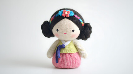 Fototapeta premium Charming Handcrafted Knitted Doll Adorned in Traditional Attire, Featuring Bright Colors and Intricate Details on a Clean Background