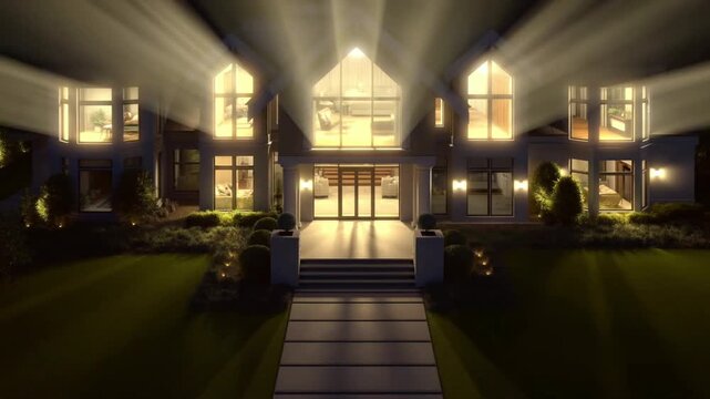 Starburst Night Illumination of Magnificent Modern Mansion &ndash; Radiating Golden-Amber Light with Luminous Halos
