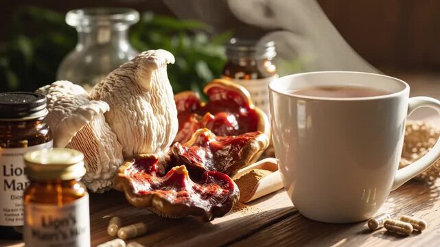 Herbal Tea Moment. Warm Sunlight Highlights Rustic Scene With Herbal Medicinal Elements. Serene Rustic Environment Featuring Steaming Fungi Tea Alongside Herbal Supplements And Natural Light
