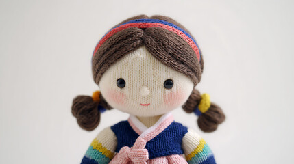 Fototapeta premium Charming Handcrafted Knitted Doll Wearing Traditional Attire with Braids and Colorful Headband on White Background, Close-up Studio Shot