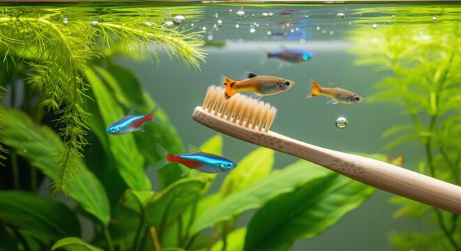 A toothbrush and toothpicks in an aquarium with fish illustration
