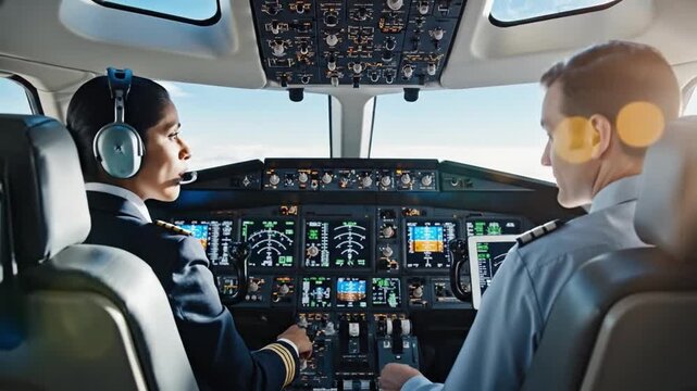 Pilot Scene Description. Professional Flight Crew Conducting Safety And Communication Procedures. Detailed Depiction Of Cockpit With Diverse Pilots Performing Safety Checks And Coordination