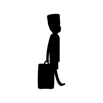 Black silhouette vector of a bellhop or hotel porter walking with a suitcase, isolated on white background