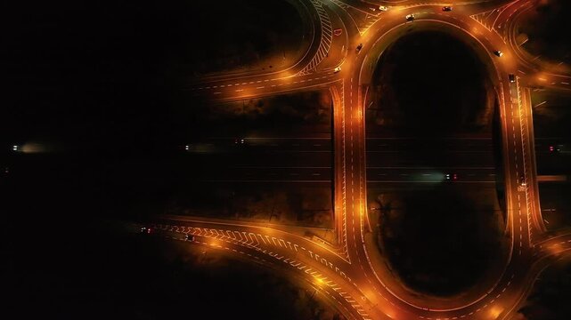 Night aerial view of N4 highway interchange in Ireland with glowing street lights and moving car trails.