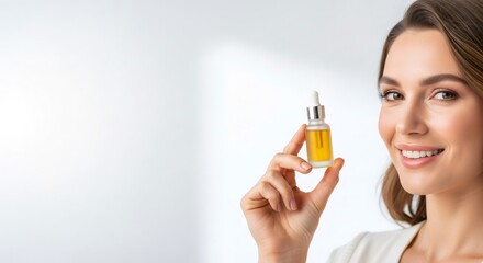 Fototapeta premium Woman holding bottle of serum for skin care. Young girl presenting cosmetic beauty product. Organic liquid oil for face and youthful look. Natural Korean beauty and wellness concept.