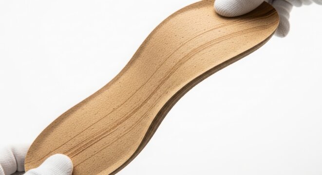 A close-up of a wooden insole being held by a gloved hand illustration