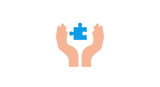 Hands holding a blue puzzle piece.