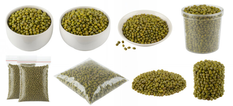Various mung beans in containers and packaging green beans bowls
