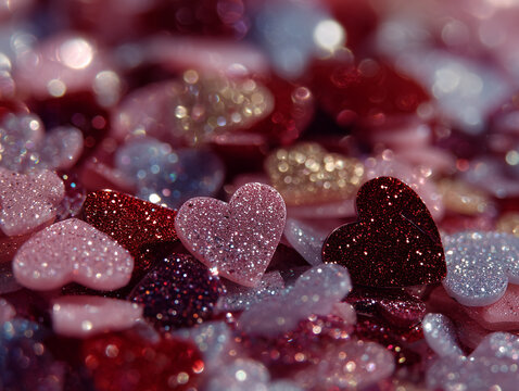 Zbliżenie na iskrzące, brokatowe serca w odcieniach r&oacute;żu i czerwieni. Romantyczna, lśniąca kompozycja idealna na Walentynki lub jako tło.