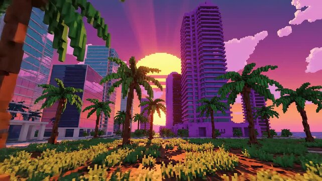 Pixel art city with palm trees and sunset