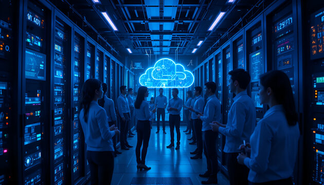 A group of people in a futuristic server room with a glowing blue cloud display