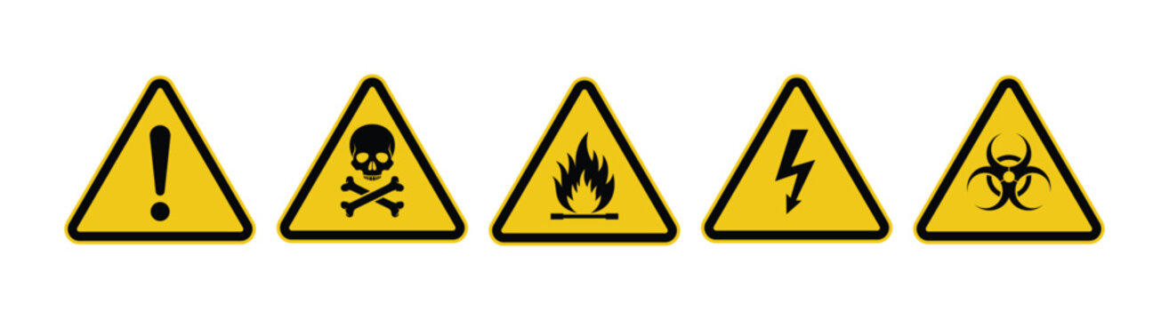 Yellow hazard warning sign set with skull fire electricity and biohazard