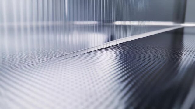 Perforated metal grid with reflective chrome finish and blurred linear highlights, transitioning from bright foreground to dark background for a sleek futuristic tech backdrop