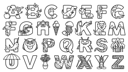 Alphabet with animals and objects vector illustration for kids coloring book © GW