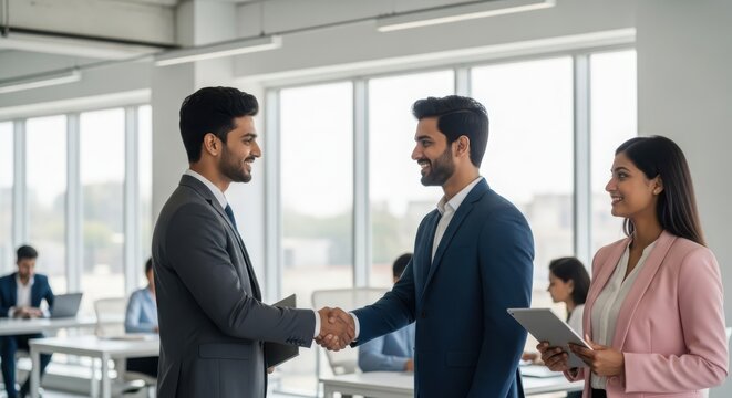 Two young Indian businessmen shaking hands in modern office