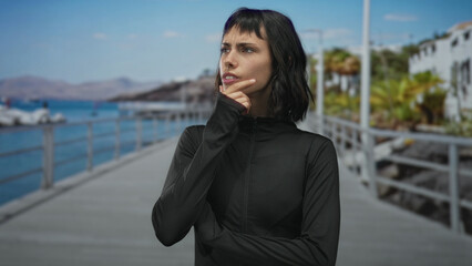 Obraz premium Woman in black sporty jacket places hand on chin on street promenade by seaside, looking toward water; contemplation.