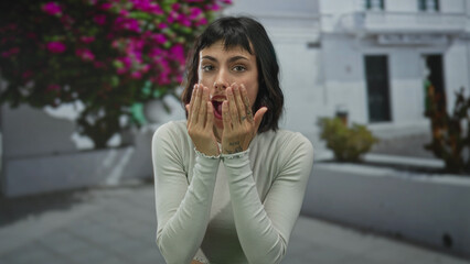 Young hispanic woman covers mouth with hands in street by white building; surprise.