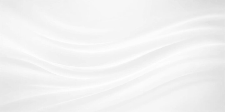 A smooth white silk and satin fabric background featuring a soft grey wave pattern on a light textured textile surface for a blank wallpaper design