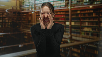 Smiling woman cups hands to mouth calling out between tall wooden bookshelves in building  learning joy curiosity. © Krakenimages.com