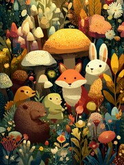 Fototapeta premium A Forest Scene With Hedgehogs, a Rabbit, and Colorful Mushrooms in a Lively Garden During Daytime