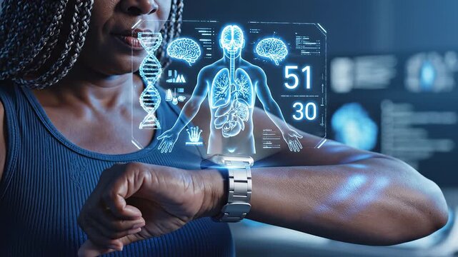 Woman with smartwatch and holographic heart