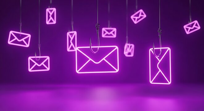 Neon purple phishing email icons hanging on strings for cyber crime and spam alert