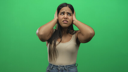 Fototapeta premium Hispanic woman covers ears with hands and grimaces while standing against a studio green screen backdrop; distress sensory overload.