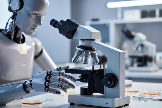 Research robot, generative ai illustration showing a humanoid assistant operating a laboratory microscope with robotic fingers adjusting focus, petri dishes and slides on a clean biomedical desk