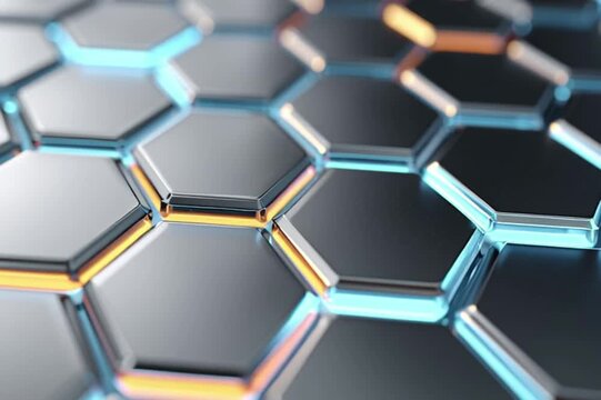 The image shows a pattern of hexagons with blue glowing contours on a dark background. The hexagons are arranged tightly to each other.