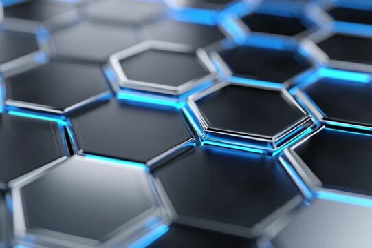 The image shows a pattern of hexagons with blue glowing contours on a dark background. The hexagons are arranged tightly to each other.