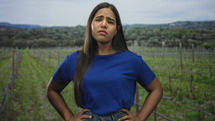 Naklejka premium Woman with hands on hips in blue tshirt standing in a vineyard, closed eyes and pursed lips showing a tired expression; frustration defiance resolve.