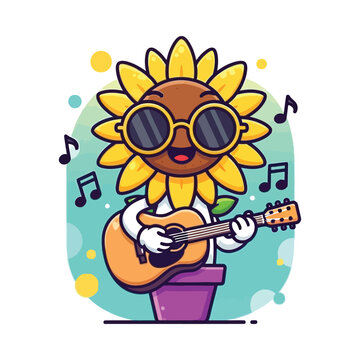 A cheerful sunflower character playing a guitar with musical notes floating around