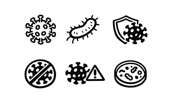 Six black outline icons showing viruses, a bacterium, a shield, a no virus sign, a warning symbol, and a petri dish.