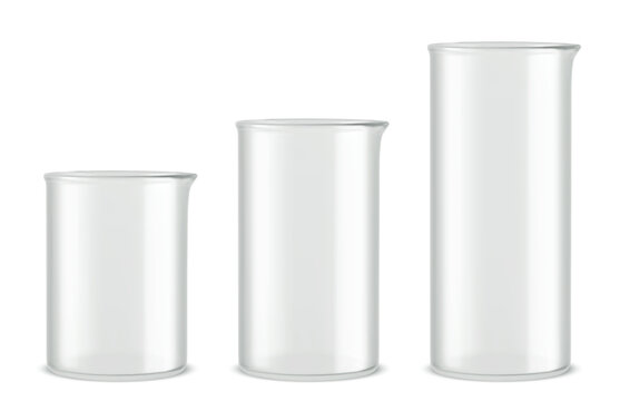 3d chemistry laboratory glass science test flask. Realistic lab beaker equipment. Chemical glassware tube isolated. Empty cylinder measuring container for scientific medical experiment