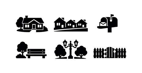 Naklejka premium Black icons of a house and row of homes, a mailbox, park bench, trees, streetlamp and fence with the caption residential neighborhood.