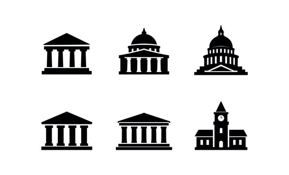 Six solid black silhouette government and civic building icons including domed capitols and a clocktower.