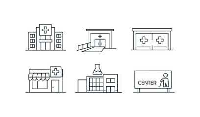 Naklejka premium A set of simple outline medical icons including a hospital, clinic, ambulance bay, pharmacy and rehab center above the label medical district.