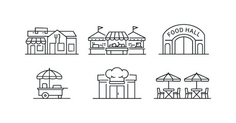 Fototapeta premium A set of simple black line icons showing small food shops, market stalls, a food cart, outdoor seating and a food hall with the caption food district.
