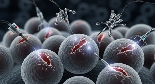 A microscopic view of spherical cells with virus particles attached to their surfaces.