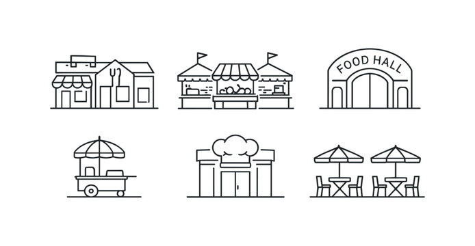 A set of simple black line icons showing small food shops, market stalls, a food cart, outdoor seating and a food hall with the caption food district.