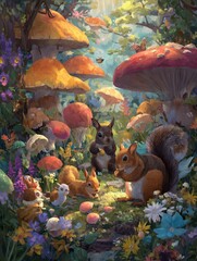 Fototapeta premium Animals Gather Under Mushrooms in a Colorful Forest at Night