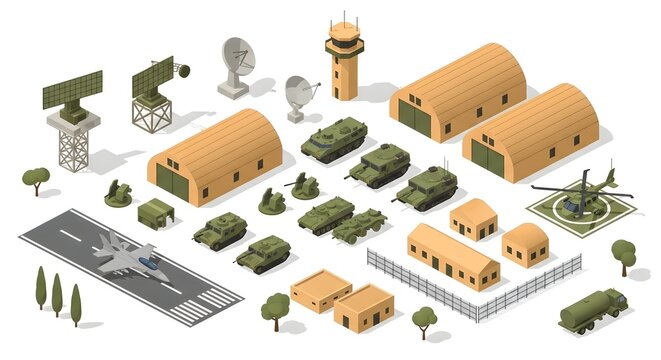 This comprehensive isometric collection showcases an array of vital military base elements, featuring tanks, armored vehicles, aircraft hangars, radar stations, a control tower, a fighter jet poised o
