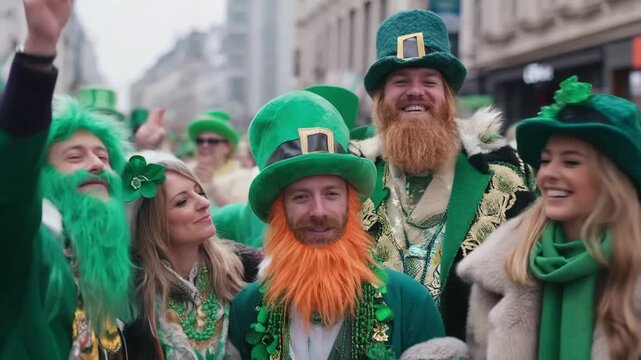 Group of friends celebrating st. Patrick's day wearing green costumes with leprechaun hats and beards