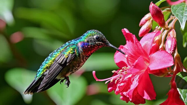 Hummingbird hovers to feed on vibrant pink fuchsia flower