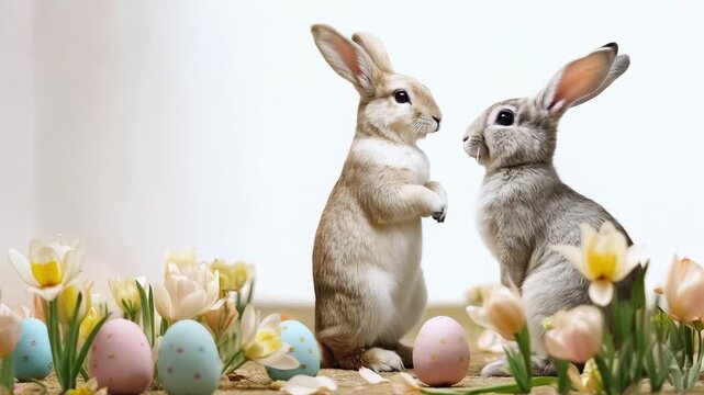Two cute rabbits interacting among colorful easter eggs and spring flowers on a white background