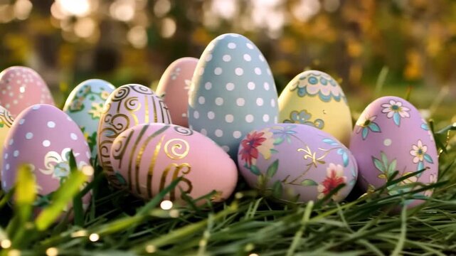 Colorful pastel easter eggs with various patterns resting on fresh green grass in a sunny garden
